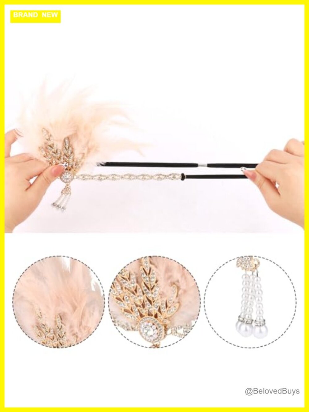 1920s Flapper Headband & Gloves Set Beaded Rhinestone Costume Accessories - Picture 2 of 6